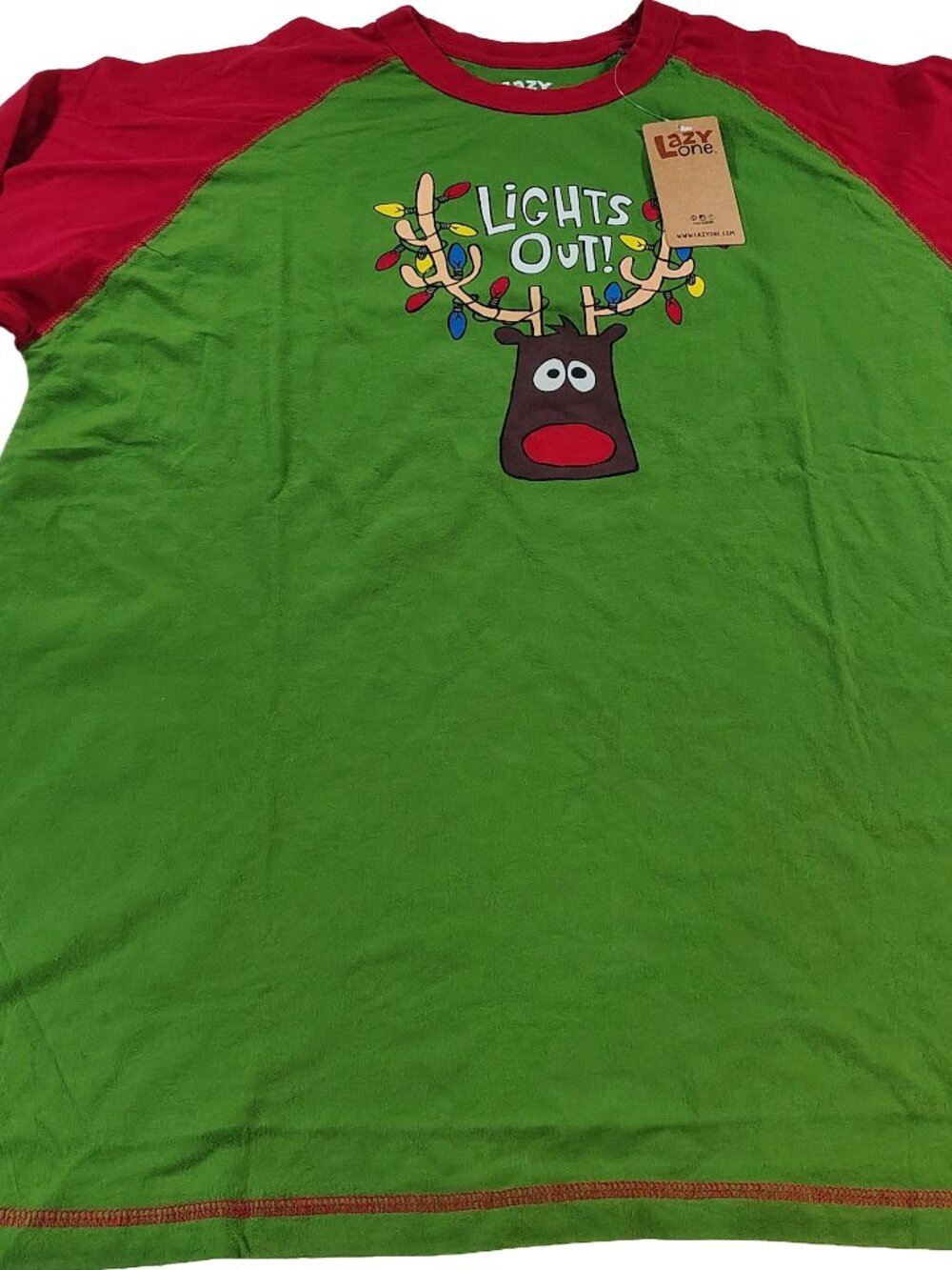 Men's Green & Red XL Christmas Themed Lazy One Lights Out Reindeer T-Shirt